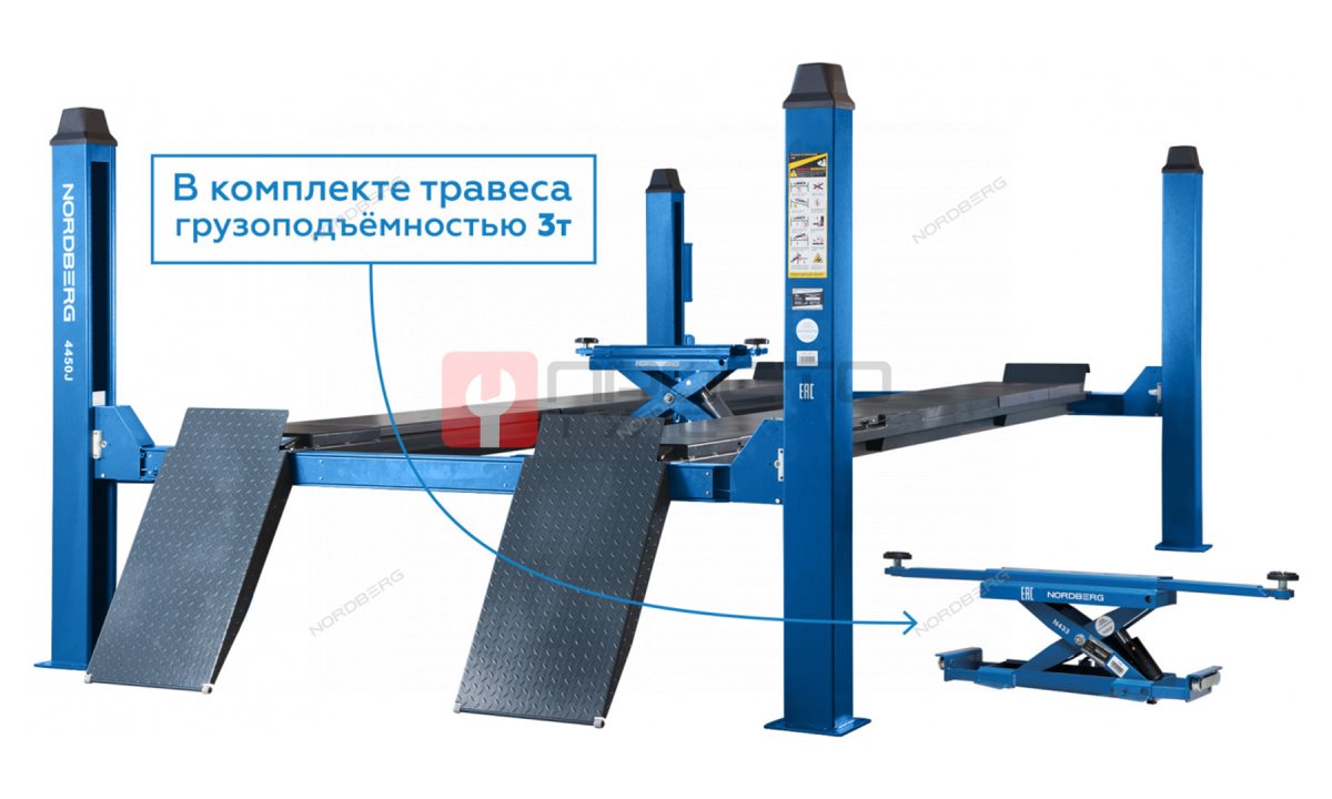  Подъемник 4-стоечный 5т, c ручной траверсой 3т N433, 380В для сход-развала (Cиний) NORDBERG 4450B (0)