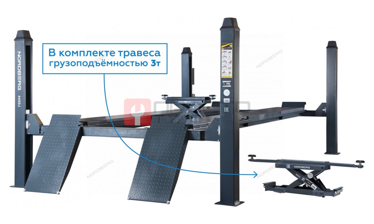  Подъемник 4-стоечный 5т, c ручной траверсой 3т N433, 380В для сход-развала (Серый) NORDBERG 4450G (0)
