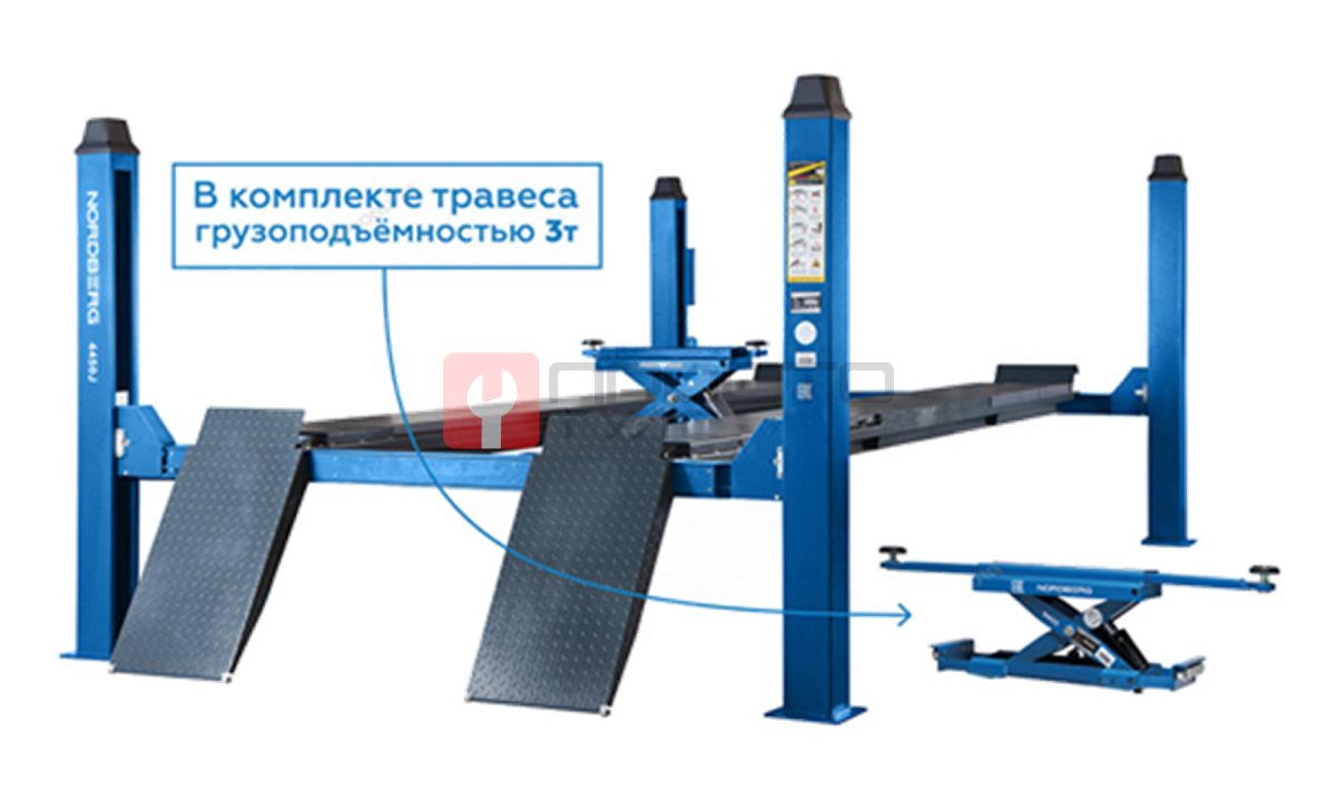  Подъемник 4х-стоечный 5т, c траверсой (от гидростанции) 3т, 380В для сход-развала (синий) NORDBERG 4450 (0)