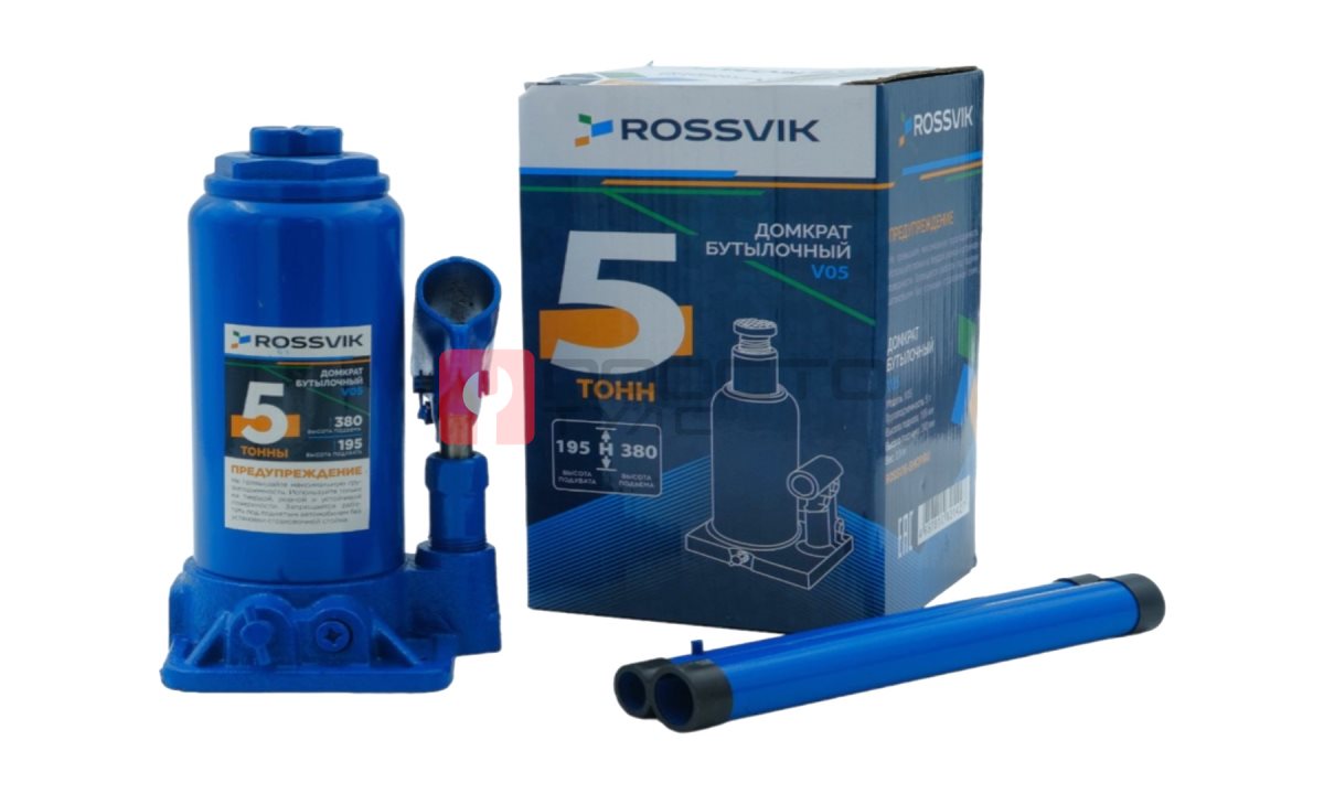  Домкрат бутылочный ROSSVIK V05, г/п 5,0 т, 195-380 мм, синий (0)