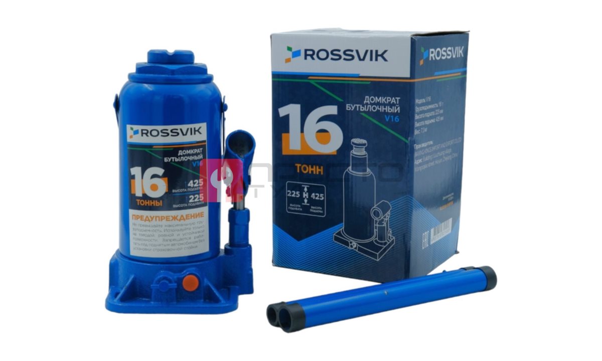  Домкрат бутылочный ROSSVIK V16, г/п 16,0 т, 225-425 мм, синий (0)