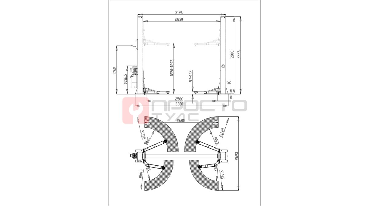  Автоподъемник двухстоечный ROSSVIK T4H г/п 4.0т, 380В, электрогидравлический с нижней синхронизацией (1)