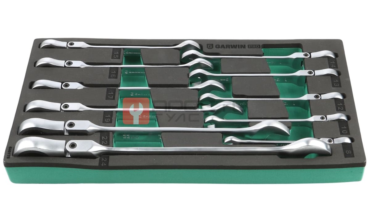  GARWIN PRO 646175 Набор ключей комбинированных трещоточных с шарниром 8-24 мм, 11 пр. в ложементе EVA (1)