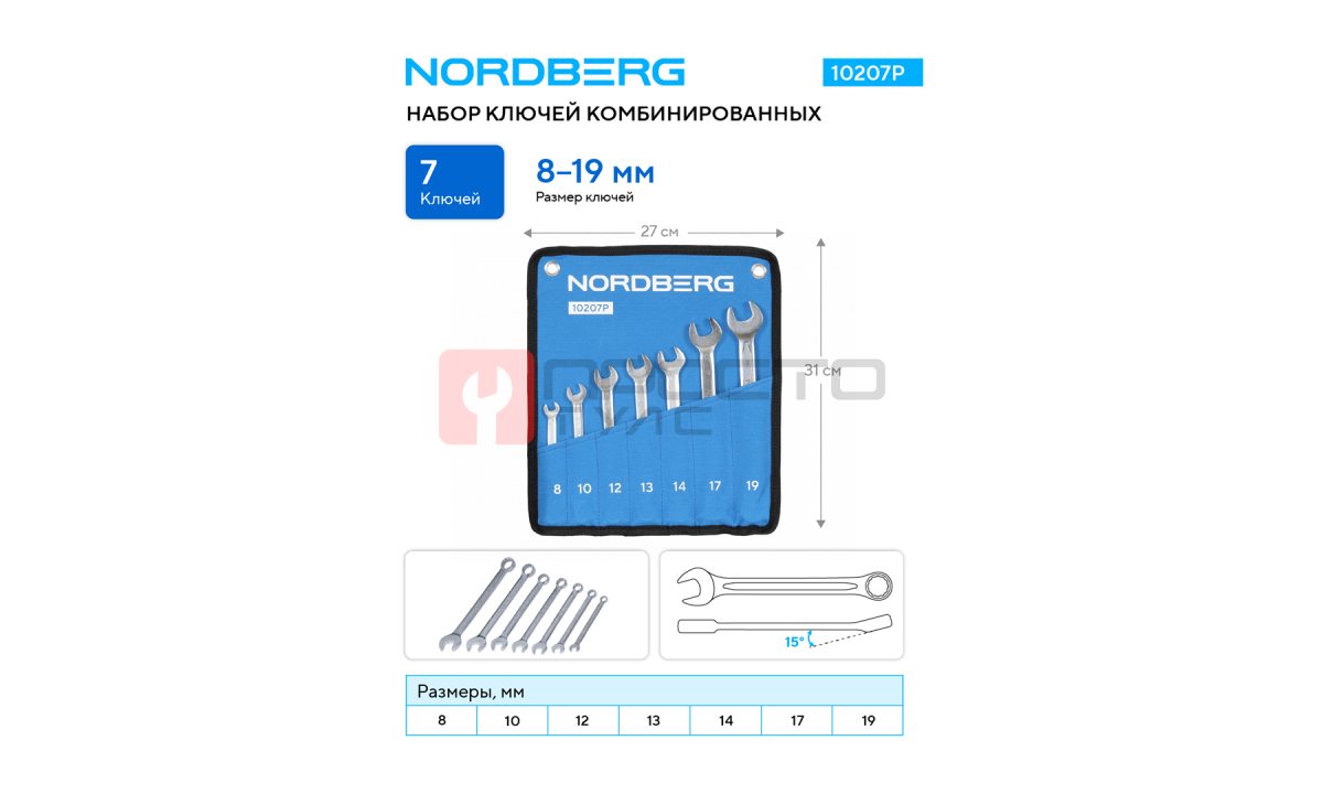  Набор ключей комбинированных 7 шт, планшет тетрон NORDBERG 10207P (1)