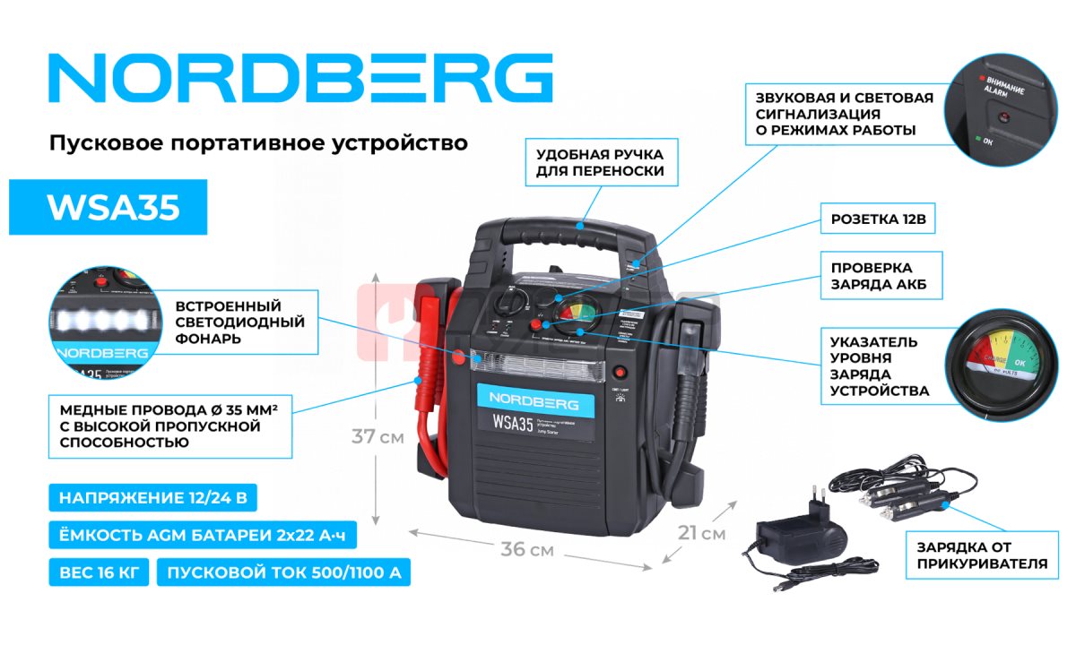  Пусковое портативное устройство 12/24 В, 2*22 А·ч NORDBERG WSA35 (1)