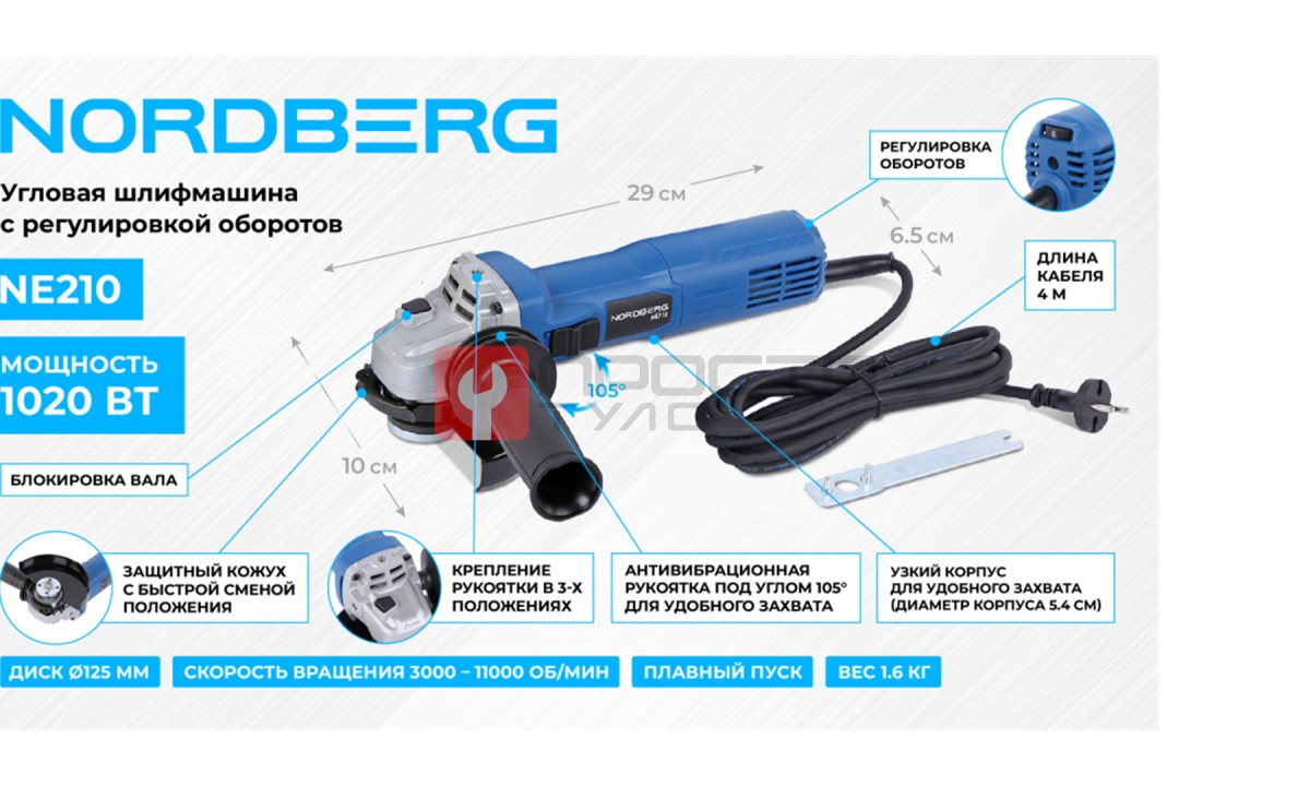  Угловая шлифмашина с регулировкой оборотов, 125 мм, 1020 Вт NORDBERG NE210 (1)