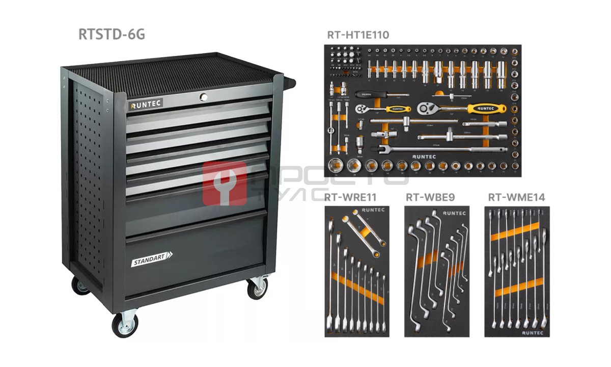  RUNTEC RT-HT145STD-6G Тележка инструментальная 6 полочная Standart серая с комплектом инструмента, 145 предметов (0)