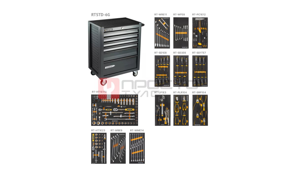  RUNTEC RT-HT220STD-6G Тележка инструментальная 6 полочная Standart серая с комплектом инструмента, 220 предметов (0)