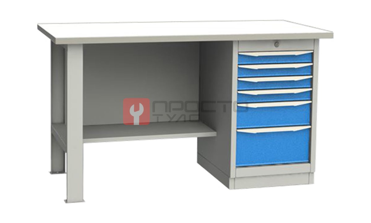  GARWIN INDUSTRIAL 004040-4 Верстак однотумбовый, тумба с 6 ящиками с оцинкованной столешницей 1500 мм (синий RAL5005) (0)