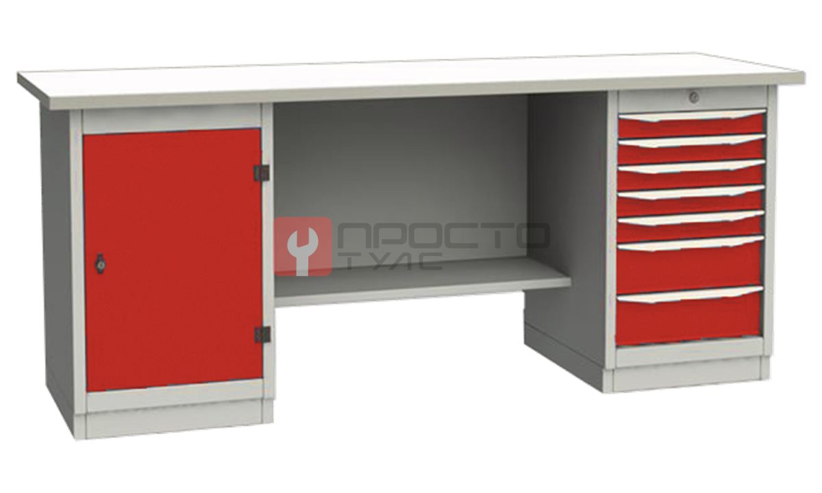  GARWIN INDUSTRIAL 004075-6 Верстак двухтумбовый с дверцей и 7 ящиками с оцинкованной столешницей 2000 мм (красный RAL3000) (0)