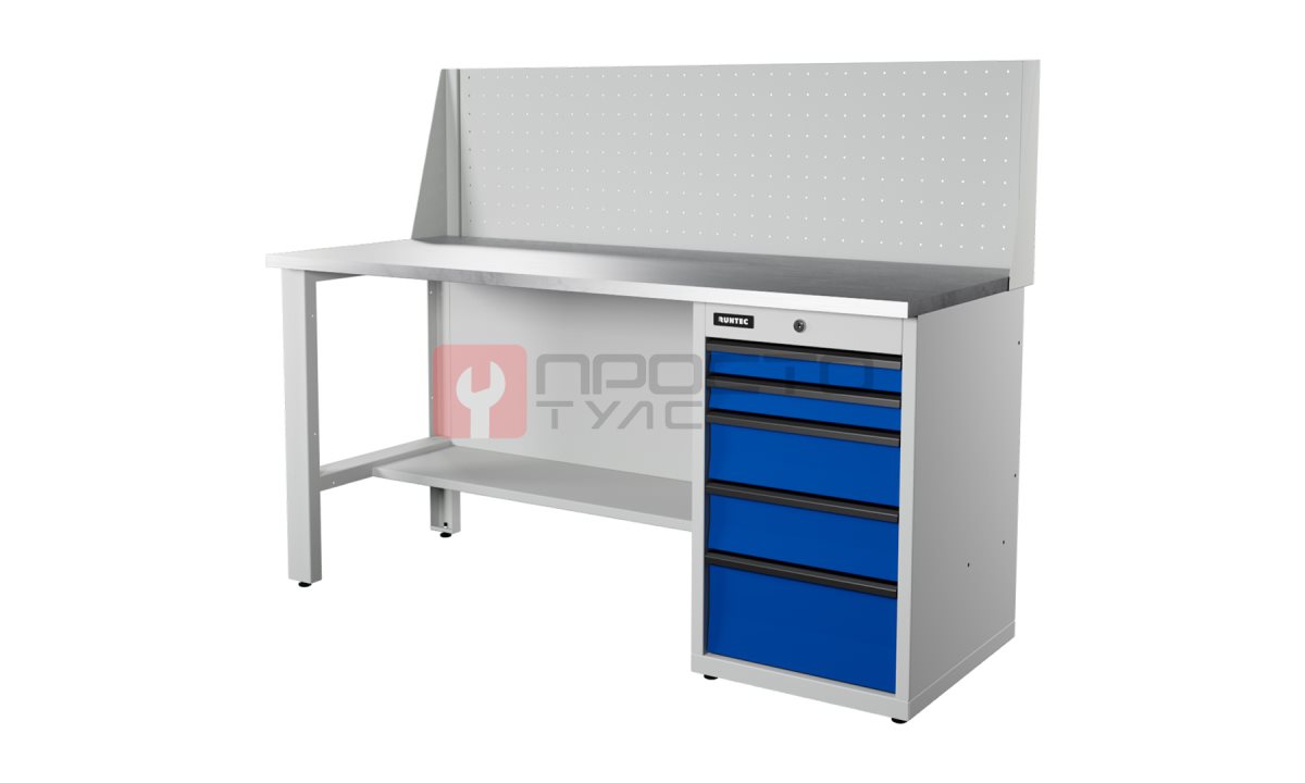  RUNTEC RTI17Z-TI5-NI-P17-5005(7035) Верстак серии Industrial, 1700 мм, оцинк, тумба с 5-ю ящиками, экран 500, синий (светло-серый) RAL 5005 (703 (0)