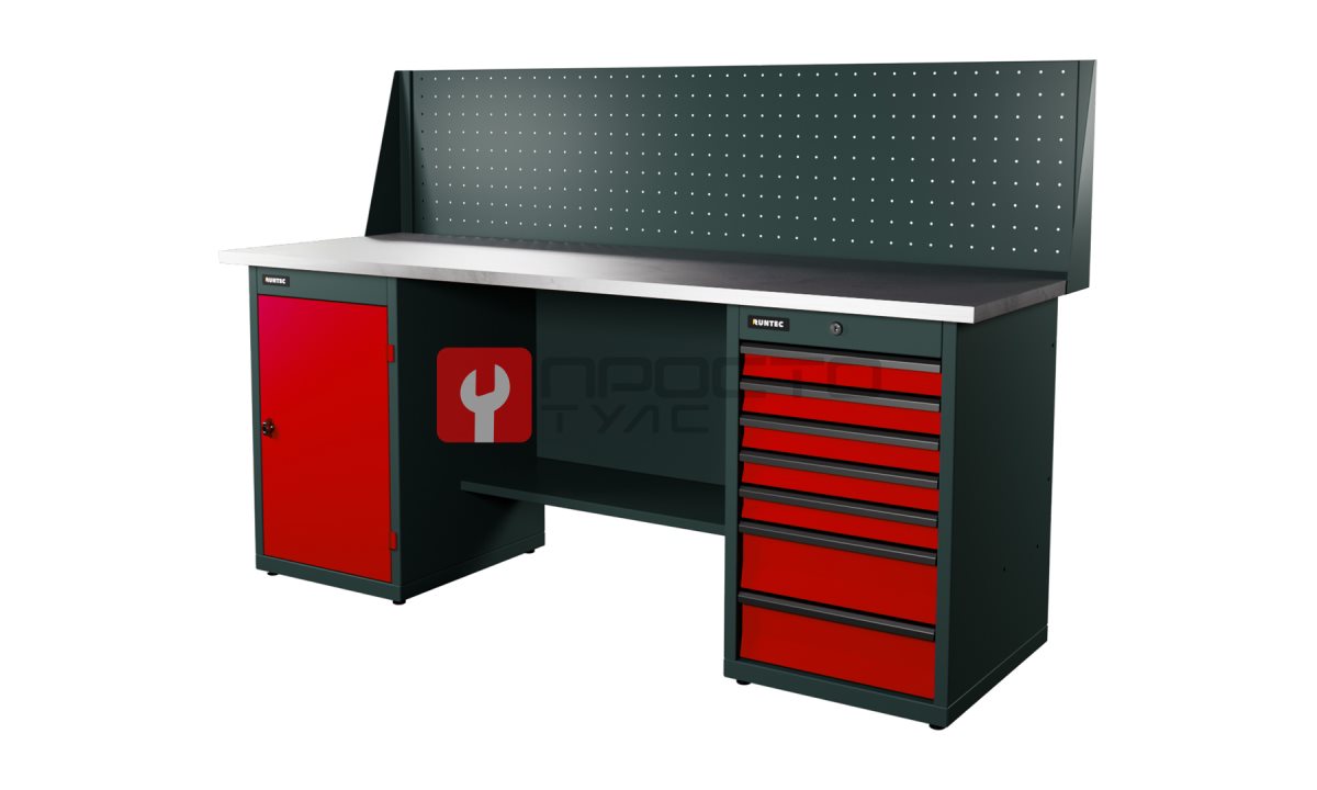  RUNTEC RTI20Z-TI7-TI0-P20-3020 Верстак серии Industrial, 2000 мм, оцинк, тумба с 7-ю ящиками + тумба с дверью, экран 500, красный RAL 3020 (0)
