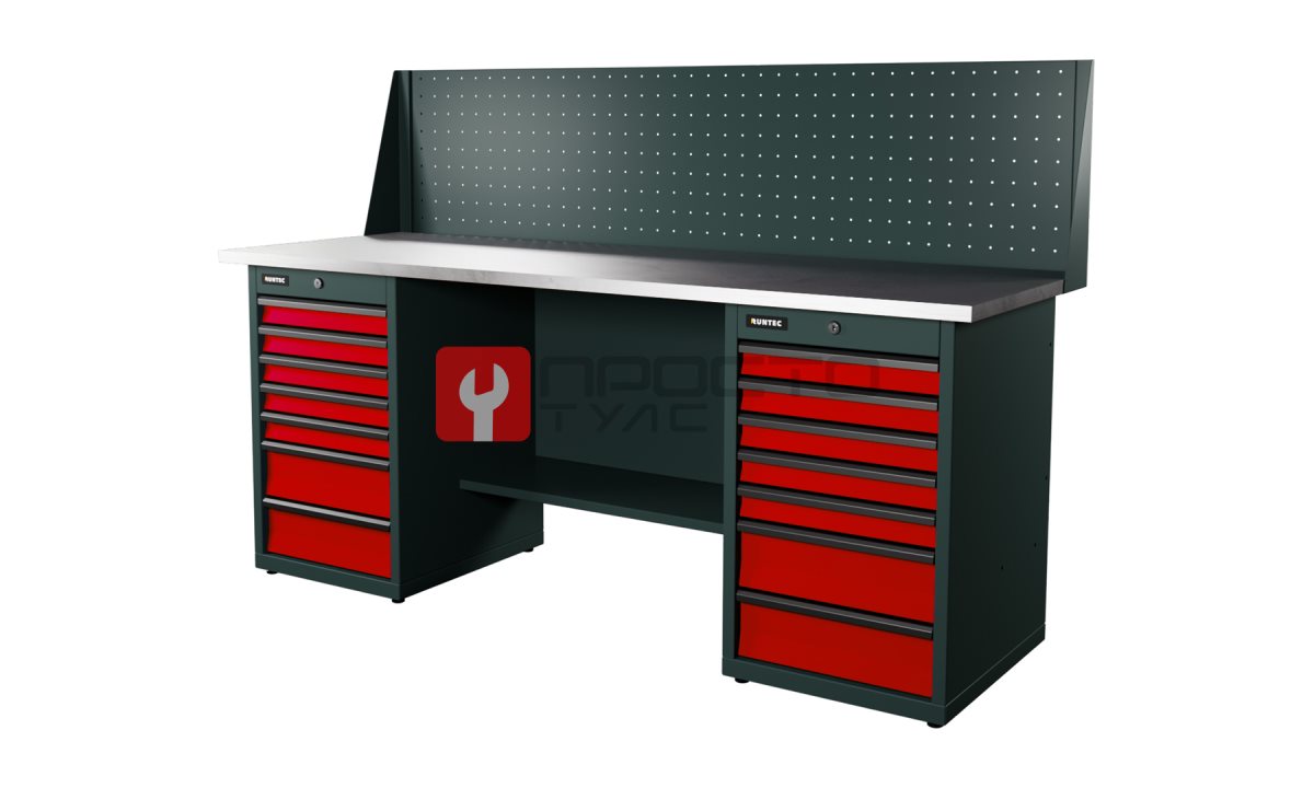  RUNTEC RTI20Z-TI7-TI7-P20-3020 Верстак серии Industrial, 2000 мм, оцинк, тумба с 7-ю ящиками + тумба с 7-ю ящиками, экран 500, красный RAL 3020 (0)