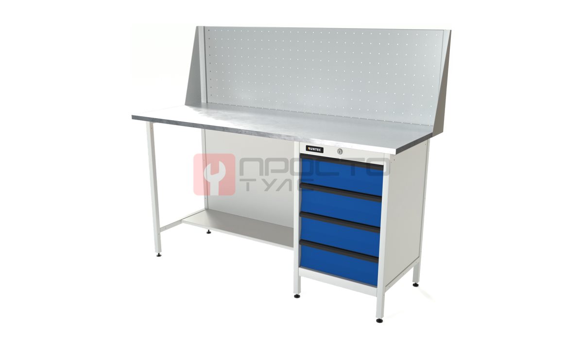  RUNTEC RTS16Z-TS4-NS-P16-5005(7035) Верстак серии Standart, 1600 мм, оцинк, тумба с 4-мя ящиками, экран 500, синий (светло-серый) RAL 5005 (7035 (0)