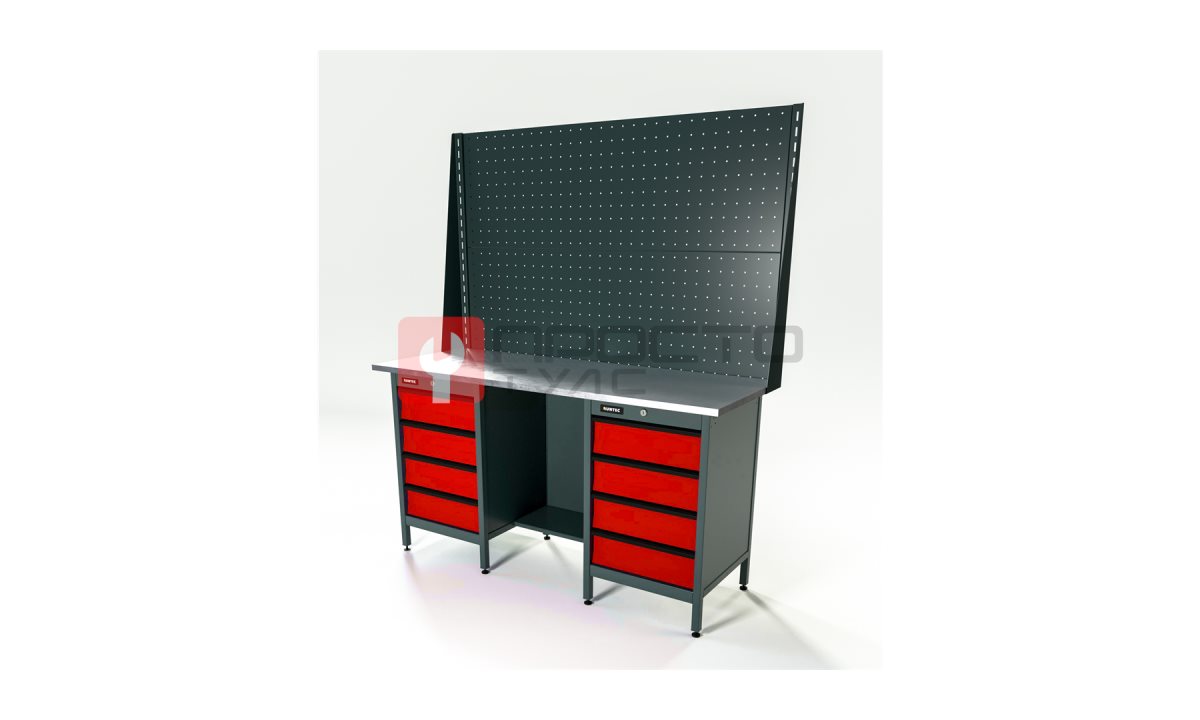  RUNTEC RTS16Z-TS4-TS4-P16-P16-3020 Верстак серии Standart, 1600 мм, оцинк, тумба с 4-мя ящиками + тумба с 4-мя ящиками, экран 1000, красный RAL  (0)