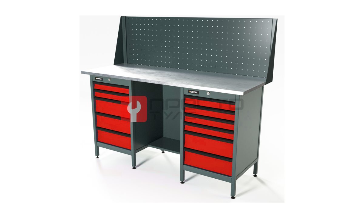  RUNTEC RTS16Z-TS5-TS6-P16-3020 Верстак серии Standart, 1600 мм, оцинк, тумба с 5-ю ящиками + тумба с 6-ю ящиками, экран 500, красный RAL 3020 (0)
