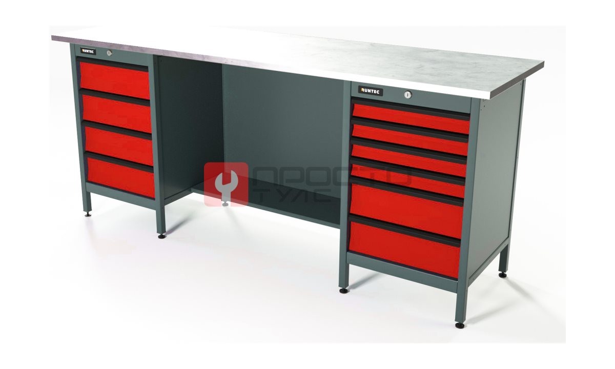  RUNTEC RTS20Z-TS4-TS6-3020 Верстак серии Standart, 2000 мм, оцинк, тумба с 4-мя ящиками + тумба с 6-ю ящиками, красный RAL 3020 (0)
