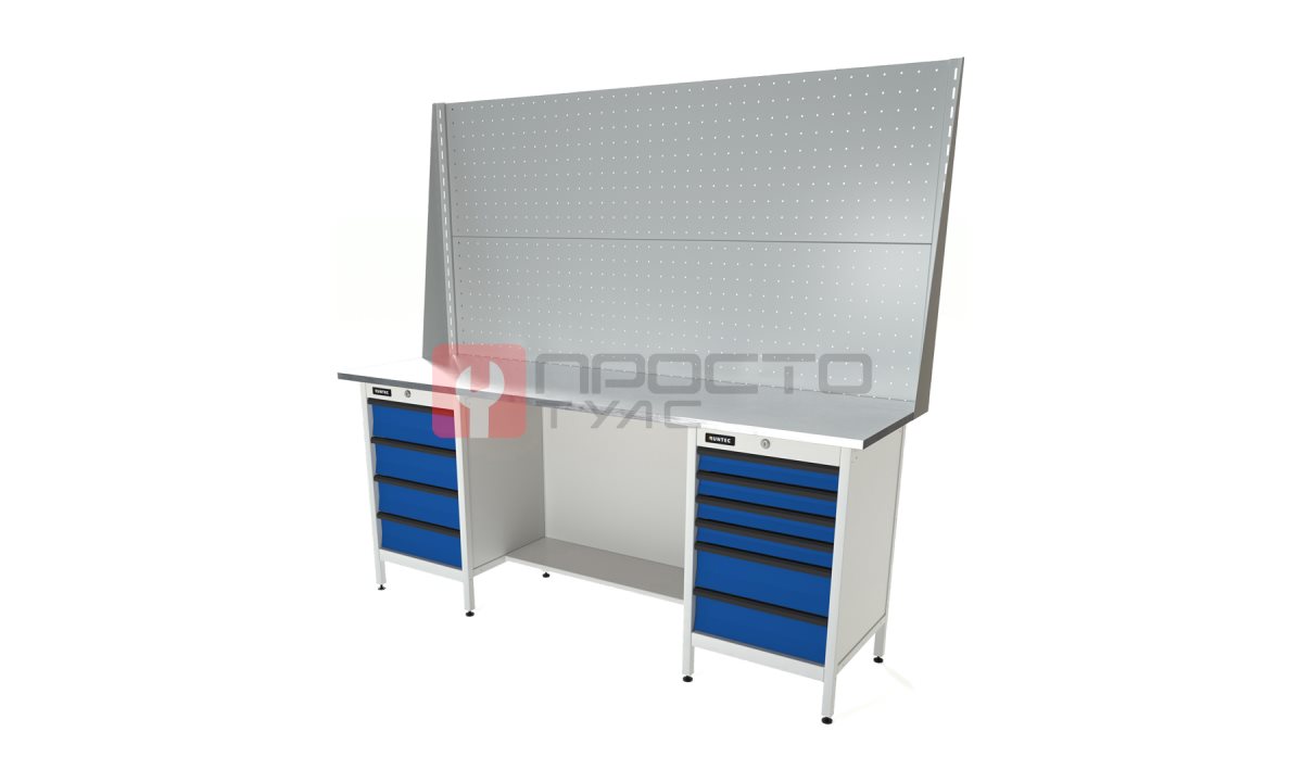  RUNTEC RTS20Z-TS4-TS6-P20-P20-5005(7035) Верстак серии Standart, 2000 мм, оцинк, тумба с 4-мя ящиками + тумба с 6-ю ящиками, экран 1000, синий ( (0)