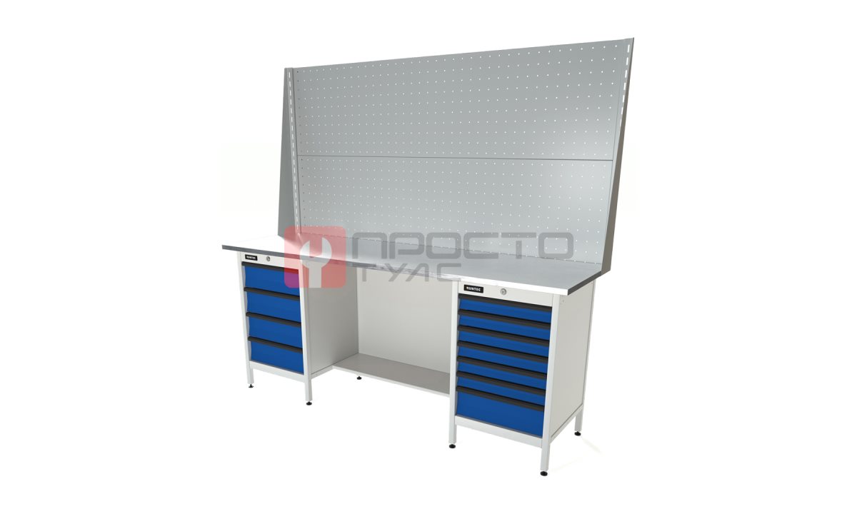  RUNTEC RTS20Z-TS4-TS7-P20-P20-5005(7035) Верстак серии Standart, 2000 мм, оцинк, тумба с 4-мя ящиками + тумба с 7-ю ящиками, экран 1000, синий ( (0)