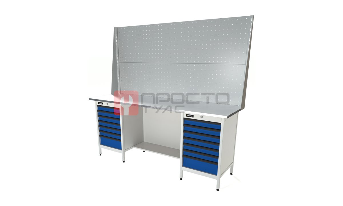  RUNTEC RTS20Z-TS7-TS7-P20-P20-5005(7035) Верстак серии Standart, 2000 мм, оцинк, тумба с 7-ю ящиками + тумба с 7-ю ящиками, экран 1000, синий (с (0)