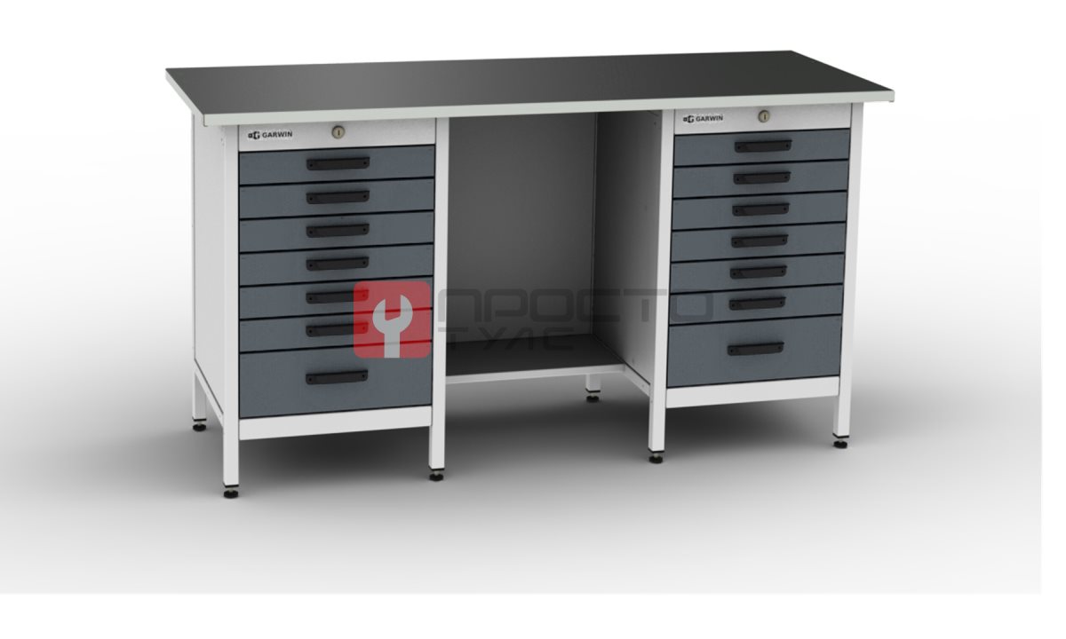  GARWIN PRO ST-PLZ16-77-7011 Верстак серии Standart, 1600 мм, цинк, две тумбы с 7 ящиками, серый RAL 7011 (0)